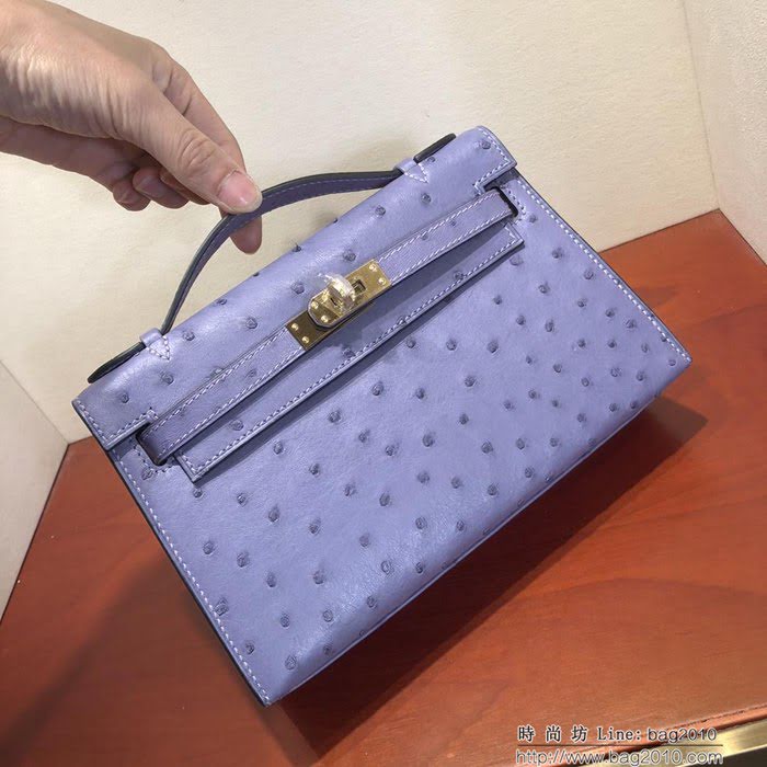HERMES愛馬仕 凱莉包 Mini Kelly pochette金扣 薰衣草紫 純手縫蠟線配上豬鼻子鏈 斜挎包  Ama1184